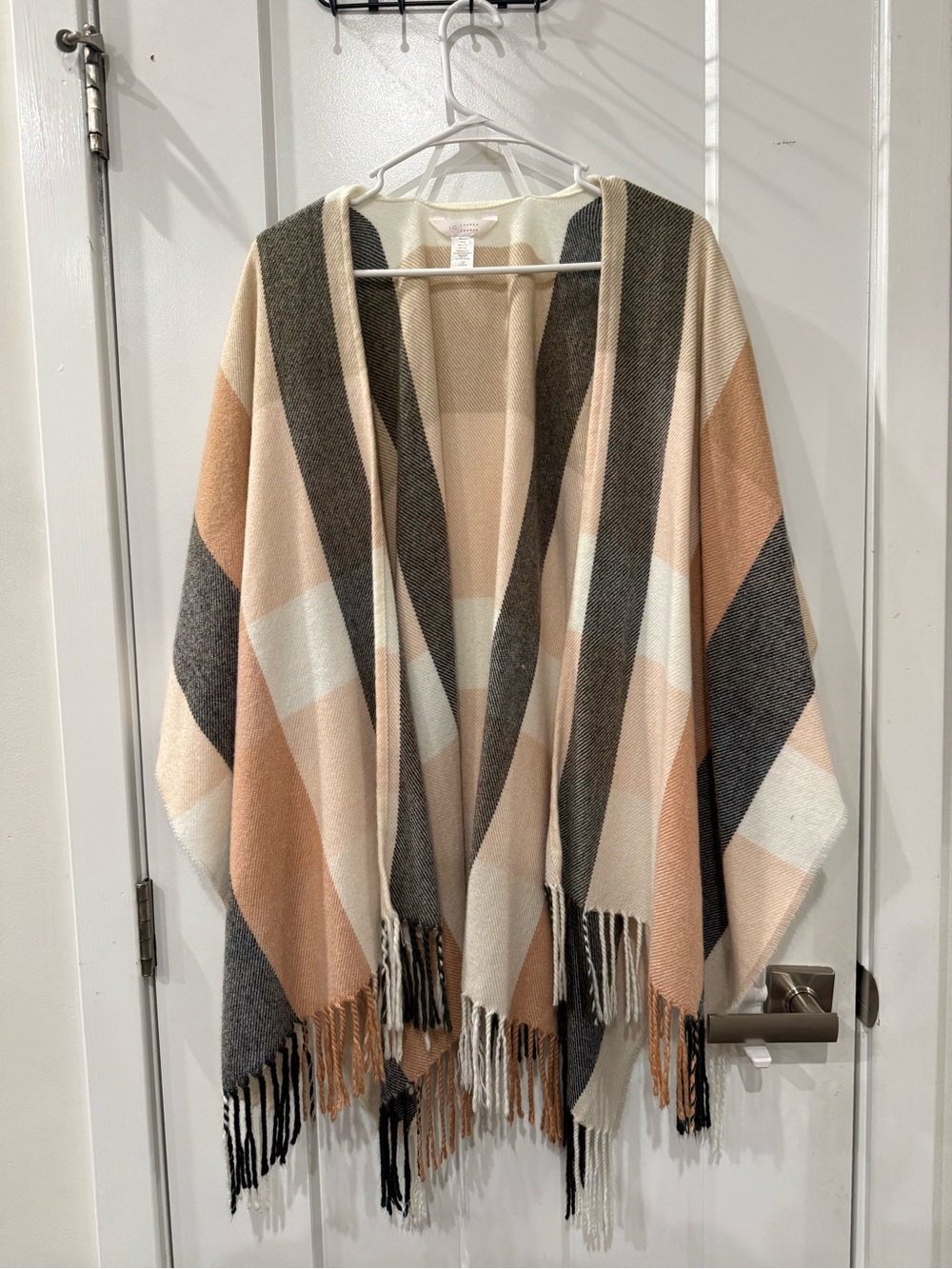 LC Lauren Conrad Peach, Cream & Gray Striped Fringe Poncho